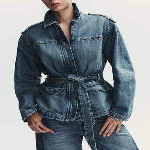 2025년 가을 여성 패셔너블하고 편안한 롱 데님 재킷 코트 (벨트 포함) 우아하고 개성 있는 신상 여성 의류