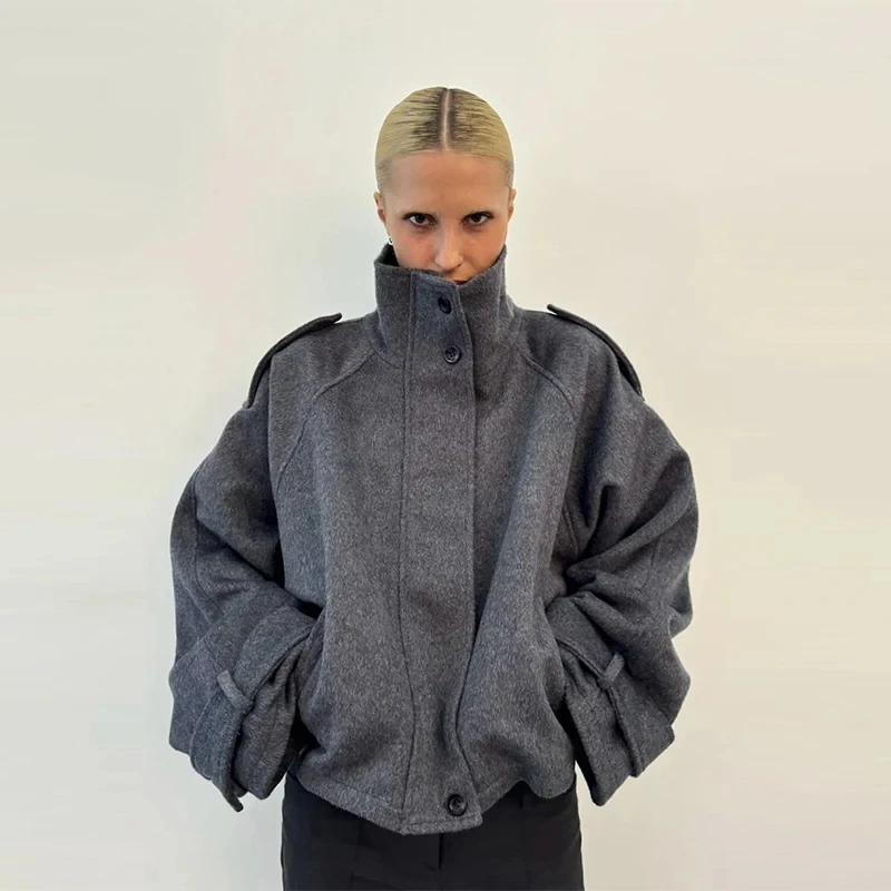 신상 스탠드 칼라 여성 코트 긴 소매 싱글 브레스티드 포켓 루즈핏 여성 재킷 2025 가을 패션 출퇴근 여성 아우터