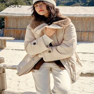 DUSHU 플러스 사이즈 2025 겨울 여성용 숏 패딩 코트 인조 양털 칼라 파카 다운 재킷 따뜻한 보온 봄버 아우터웨어