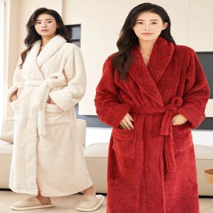 두꺼운 롱 코랄 플리스 수면 가운 (남녀공용) 겨울 플란넬 파자마 발목까지 오는 울트라 롱 남성용 목욕 가운 여성용 수면 가운