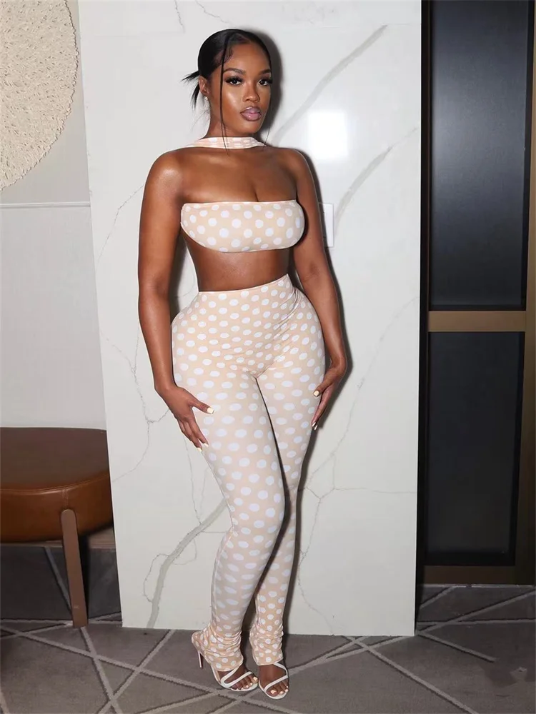 이상한 스타일의 핫한 여성용 폴카 도트 2피스 세트, 홀터넥 백리스 탑+러치드 피치 힙 팬츠, 신축성 있는 스키니 클럽웨어