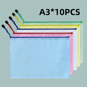 10pcs, A3 메쉬 지퍼 파일 가방, 5 가지 색상, 학교 및 사무용품, 화장품, 여행 정리를위한 방수 플라스틱 파일 가방