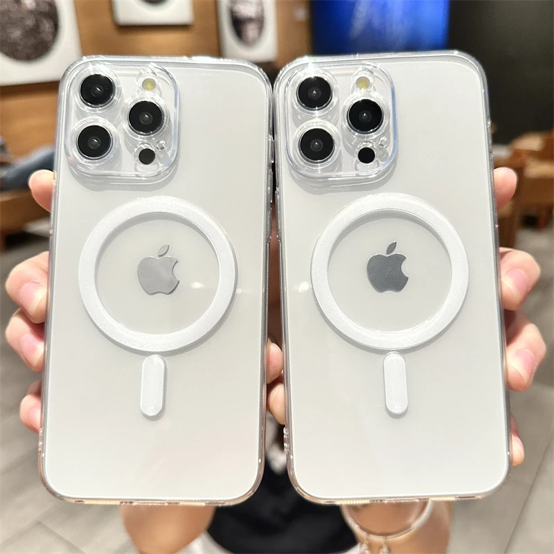 iPhone 16 16E 15 14 13 12 11 Pro Max Plus 미니 하드 아크릴 실리콘 커버 용 강력한 자기 Magsafe 무선 충전 케이스