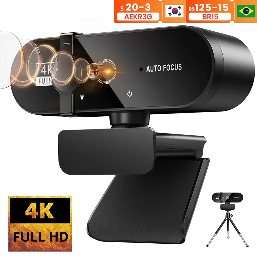 4K 웹캠 1080P 미니 카메라 2K 풀 HD 웹캠(마이크 포함) 30fps USB 웹캠(자동 초점 PC 노트북 비디오 촬영 카메라)