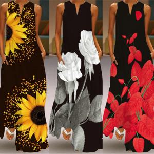 프린트 플로럴 빈티지 비치 맥시 원피스 여성용, 여름 민소매 V넥 드레스, 우아한 파티, 긴 바닥 길이 드레스