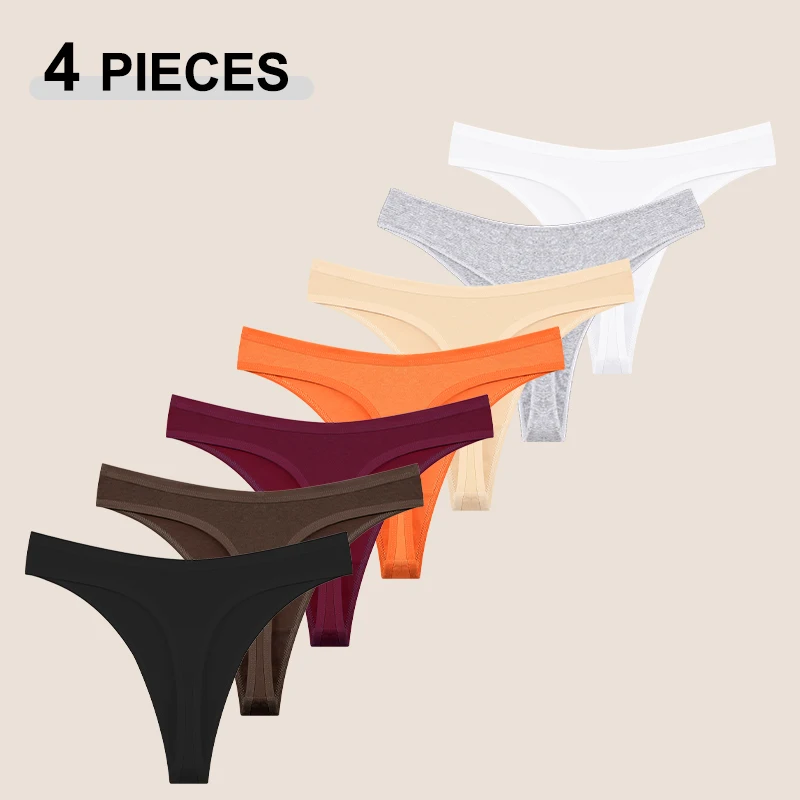 여성용 4PCS/세트 코튼 팬티 섹시한 로우라이즈 G-스트링 초박형 무봉제 팬티 여성용 노트레이스 소프트 기본 속옷