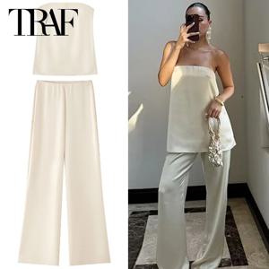 HXAO 2025 오프화이트 새틴 팬츠 세트 여성 수트 오프숄더 스트랩리스 탑 베스트 세트 투피스 여성 시크 하이웨이스트 트라우저 세트
