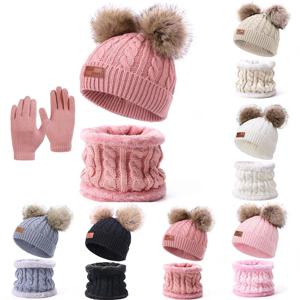 2025년 겨울 따뜻한 아동용 모자 스카프 장갑 세트 두꺼운 니트 폼폼 비니 아기용 부드럽고 포근한