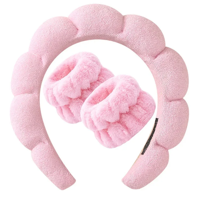 여성을위한 3Pcs 워시 페이스 머리띠 스폰지 머리띠 손목 스트랩 메이크업 버블 소프트 헤어 밴드 소녀 헤어 액세서리 머리 장식