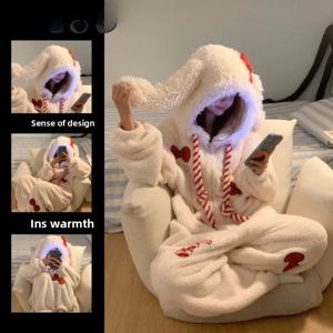 달콤하고 귀여운 리본 토끼 원피스 잠옷 여성용 겨울 신상 플리스 두꺼운 코랄 플리스 대형 사이즈 라운지웨어 슬립웨어