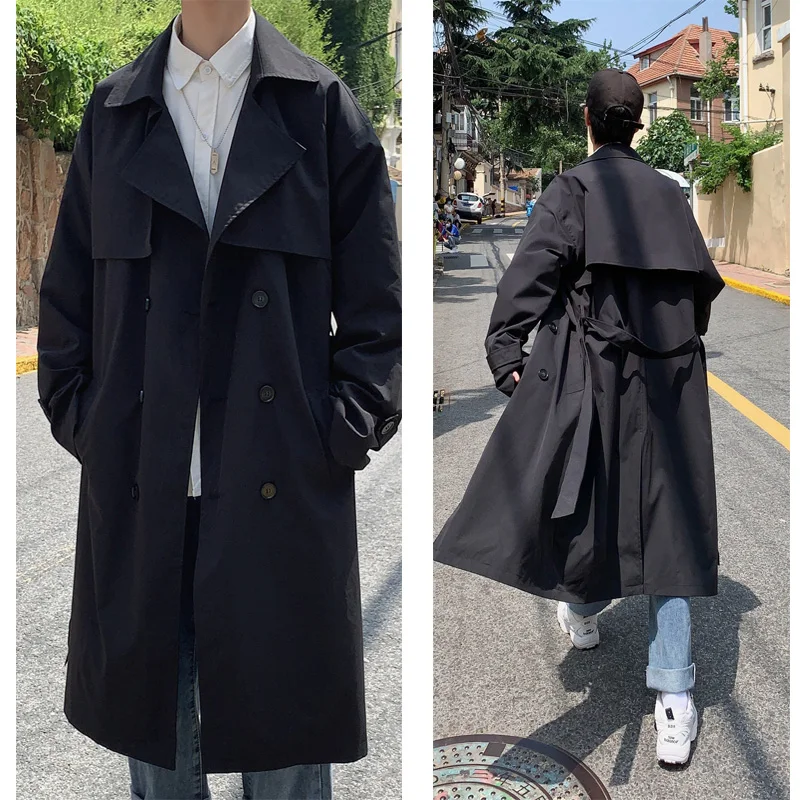한국어 스타일 봄 트렌치 코트 남성 streetwear 윈드 브레이커 트렌치 코트 남성 솔리드 비즈니스 캐주얼 루즈 롱 오버 코트