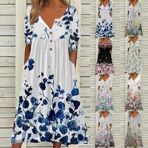 2024 유럽과 미국 봄 신작 패션 프린트 V 넥 버튼 반소매 플러스 사이즈 여성 사이즈 여성용 포켓