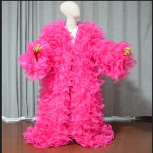 놀라운 레이어드 Organza 롱 자켓 푹신하고 긴 풀 슬리브 케이프 조끼 복장 파티 패션 무대 드래그 퀸 코트 망토