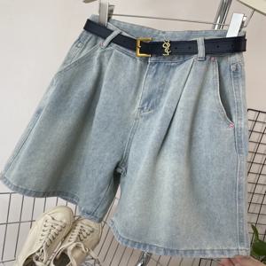 세련된 하이웨이스트 플리츠 와이드 레그 5부 데님 반바지 여름 신상 살을 가려주는 트렌디 여성 청바지