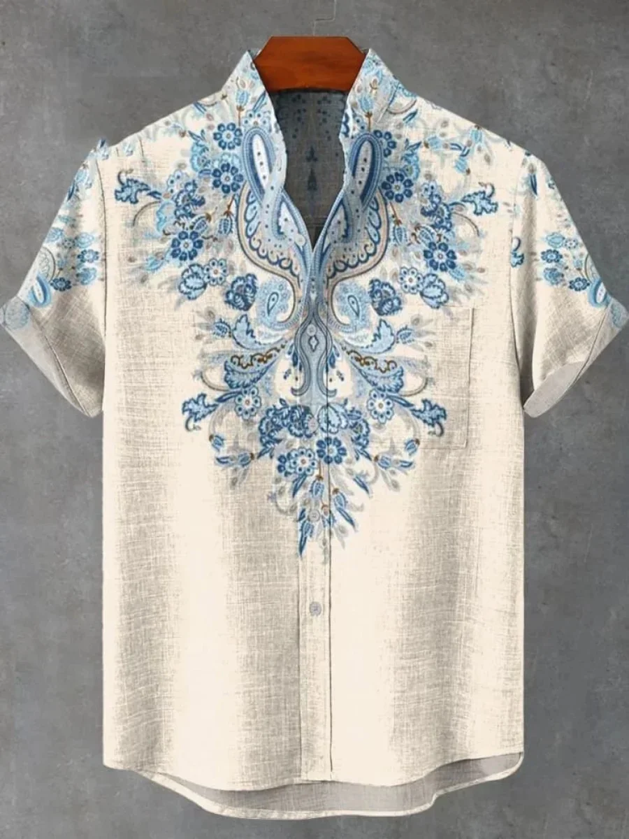 여름 남성 프린트 반소매 셔츠 빈티지 리넨 셔츠 남성 축제 캐주얼 반소매 탑 스트리트 트렌드 빠른 배송