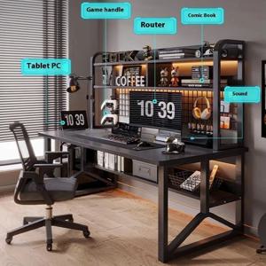 블랙 와이드 학생용 학습 책상, 모던 오피스 견고한 PC 책상 (선반 포함), Y자형 메탈 프레임 게이밍 컴퓨터 테이블 (홈 게이머용)
