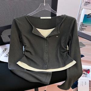 플러스 사이즈 어깨 길이 긴팔 티셔츠 여성 초가을 새로운 디자인 달콤하고 매운 순수한 욕망 스타일 탑
