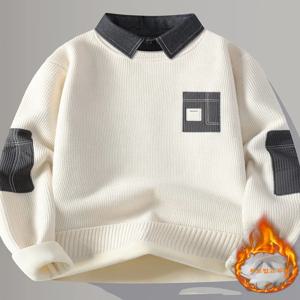 남성용 양털 안감 두꺼운 긴팔 니트 스웨터 가을 겨울 스타일 셔츠 칼라 원피스 부드러운 폴리에스터 캐주얼웨어