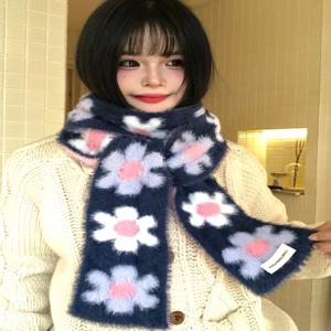 한국 스타일 니트 퍼리 스카프 여성용 겨울 따뜻한 꽃무늬 디자인 두꺼운 울 목도리 학생 및 청소년용