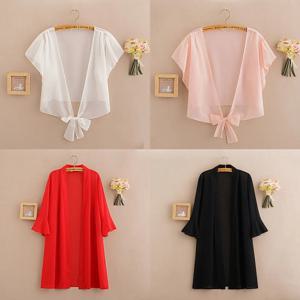 여성용 긴 시폰 블라우스 가디건, V넥 타이 웨이스트 블라우스 셔츠, 블랙 러플 슬리브 탑, 레이스 비치 블라우스 커버 업, 여름 2020