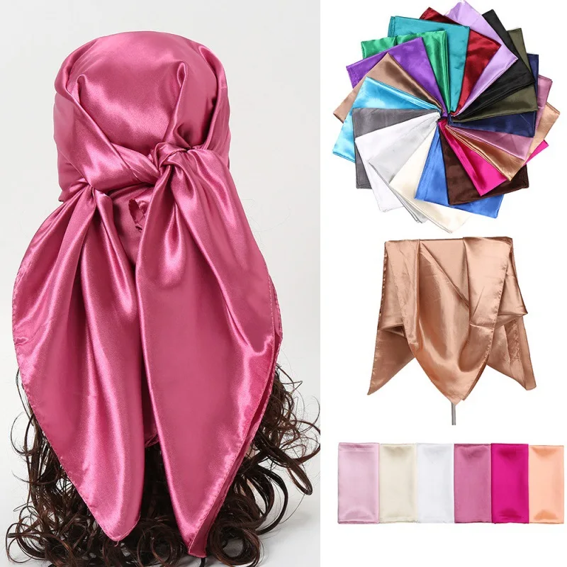 럭셔리 브랜드 실크 스카프 여성 새틴 솔리드 컬러 Hijab 스카프 이슬람 Pareo Bandana 여성 목도리 랩 머리띠 Foulard 90*90cm