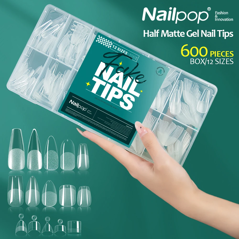 NAILPOP 소프트 젤 네일 팁 600PCS 프리 버프 풀 커버 관 아몬드 타원형 네일 익스텐슨 팁 하프 매트 젤 X 가짜 손톱