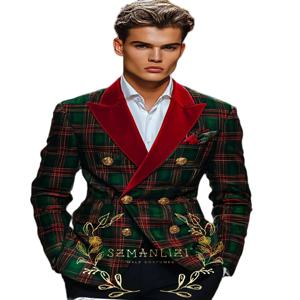 유행 격자 무늬 남자 정장 2 조각 정장 파티 정장 남성 웨딩 신랑 턱시도 더블 브레스트 자켓 바지