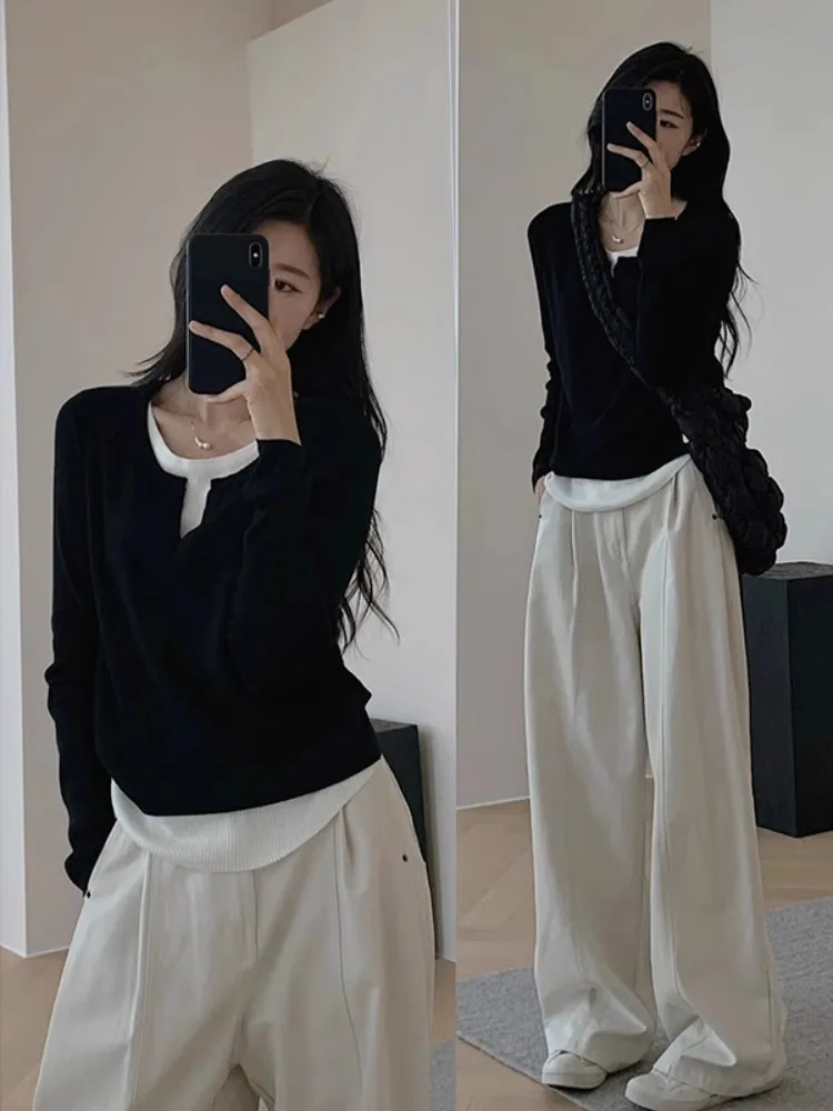 슬림핏 긴팔 티셔츠 가을 봄 언밸런스 스플라이싱 베이스 레이어 셔츠 배형 체형 패턴 니트 폴리에스터 섬유