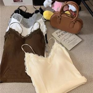 섹시 레이스 스플라이스 미니 스트랩 패드 가을 겨울 숏 퓨어 컬러 베이스 아우터로도 착용 가능한 여성용 나일론 스판덱스 탱크탑