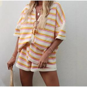 2025 여름 여성용 속이 비치는 스트라이프 니트 투피스 세트 반팔 플립 카라 가디건 싱글 버튼 캐주얼 반바지 슈트