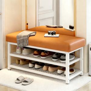 현관 신발장 신발 교환용 벤치 주황색 쿠션 3층 대용량 신발 수납장 금속 프레임 공간 절약 편안한 앉은 자리