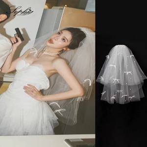 한국 스타일 신부 베일 헤어 액세서리 진주 작은 리본 타이 사진 소품 웨딩 드레스 스타일링 하드 튤 헤드웨어