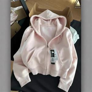 초가을 세련된 캐주얼 후드 재킷 슬림 피트 긴 소매 크롭 탑 지퍼 업 따뜻한 카디건 한국 스타일 후드 티셔츠