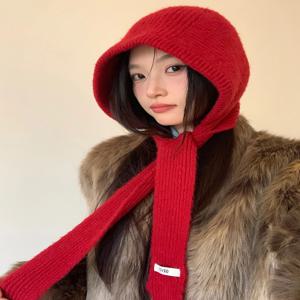 양모 크리스마스 새해 빨간 모자 스카프 원피스 여성 겨울 니트 목 스카프 후드 발라클라바