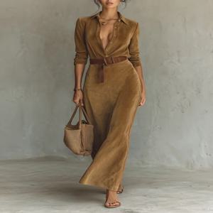 UOOZEE 여성용 미니멀리스트 솔리드 컬러 벨티드 라펠 셔츠 드레스 긴 소매 스플릿 조인트 하이 웨이스트 캐주얼 오피스 맥시 드레스