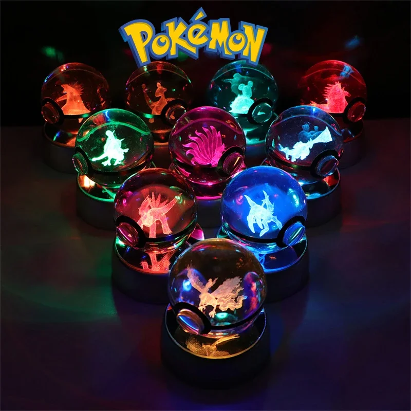 포켓몬 3D 크리스탈 볼 피규어 장난감 Pokeball Gengar Gyarados Mimikyu Snorlax Rayquaza Sprigatito 모델 Led 라이트베이스 인형