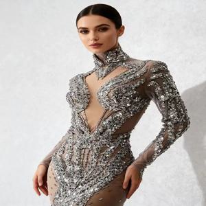 페이샹 다이아몬드 메쉬 스팽글 클럽 드레스 여성 야간 외출복 미니 롱 이브닝 가운 공연 의상 반짝이는 스커트 여성용