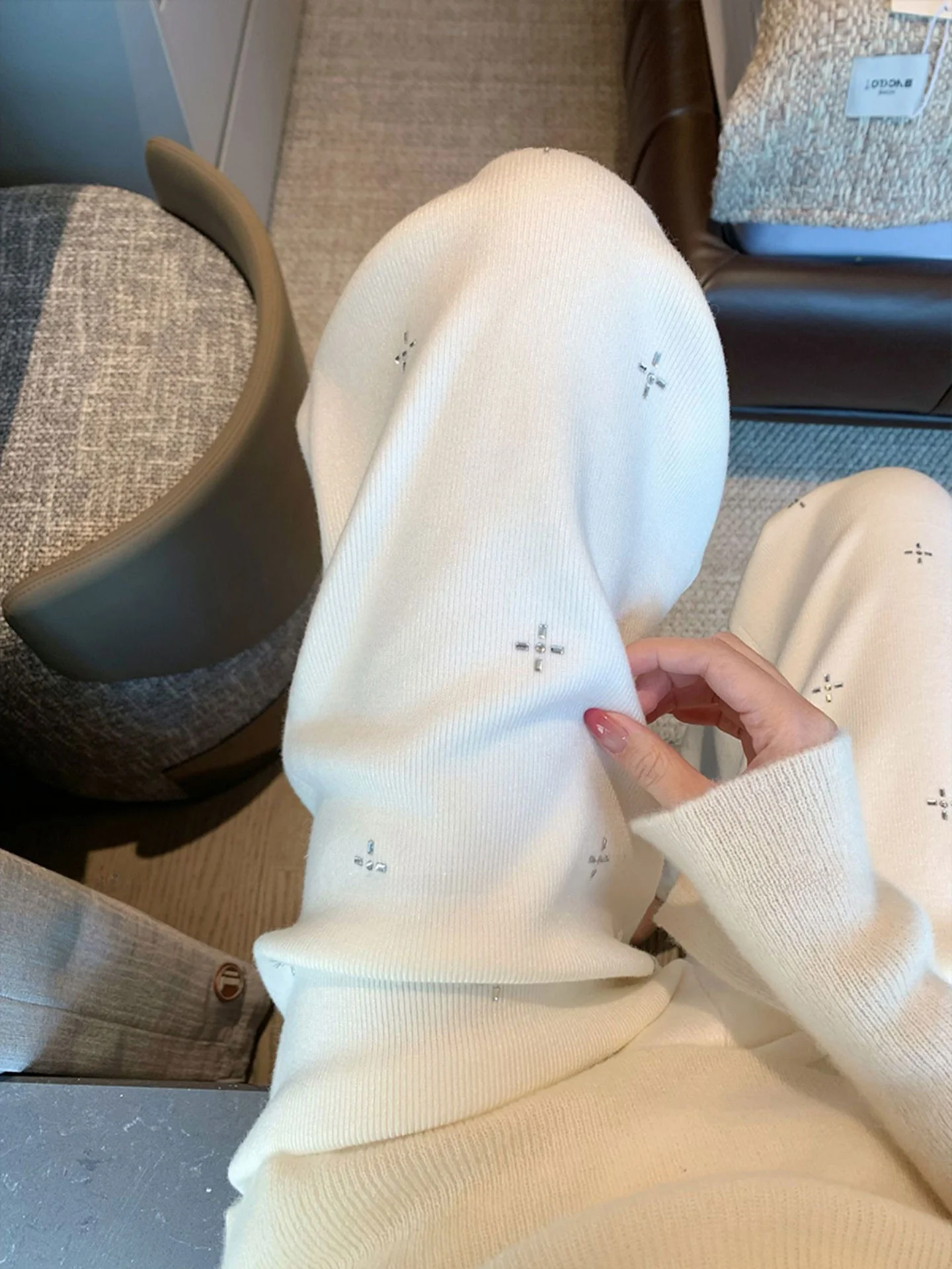 한국 스타일 루즈핏 다이아몬드 니트 팬츠 여성용 가을 겨울 하이웨이스트 슬림 와이드 레그 스트레이트 캐주얼 라이스 누들 팬츠