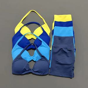 요가 짐 세트 2피스 여성용 심리스 스트랩 요가 브라 탑 하이웨이스트 운동 스크런치 쇼츠 스포츠 세트 피트니스 의류 스포츠웨어