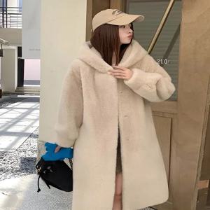 신상품 인조 퍼 재킷 밍크 벨벳 롱 후드 두꺼운 가죽 퍼 일체형 겨울 루즈핏 하이패션 여성 코트