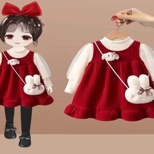 여아용 플리스 안감 드레스 아기 공주 의상 겨울 패션 어린이 의류 주머니 손수건 포함 유아 드레스
