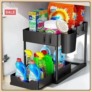 새로운 공간 절약형 욕실 및 주방 수납 선반, 2단 싱크대 캐비닛 정리대, 후크가 있는 슬라이딩 캐비닛 바구니