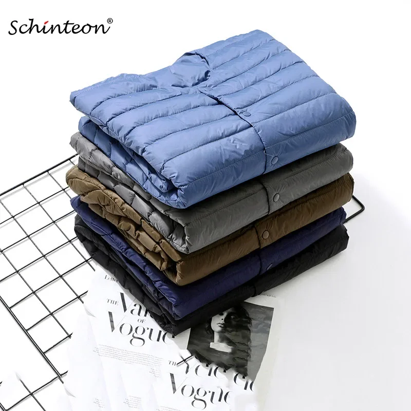Schinteon 남성용 화이트 덕 다운 재킷, 초경량 얇은 코트, V넥 캐주얼 짧은 외투, 가을 겨울 라이너 의류, 2024 신상