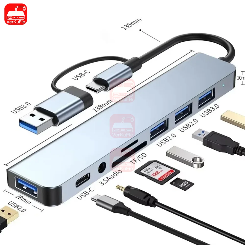 USB C 허브 USB 스플리터 8 in 1 USB 확장기 4개의 USB 포트 1개의 USBC 포트 TF/SD 카드 리더 오디오 출력 맥북 호환
