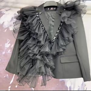 럭셔리 메쉬 러플 엣지 다이아몬드 비즈 정장 재킷, OL 라인스톤 거즈 블레이저 코트, 불규칙한 그물 털실 로터스 가디건 상의