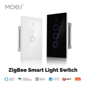 MOES Tuya ZigBee 전등 스위치 터치 유리 패널 내화성 중립 와이어 필요 Alexa Google 홈으로 원격 제어 작업