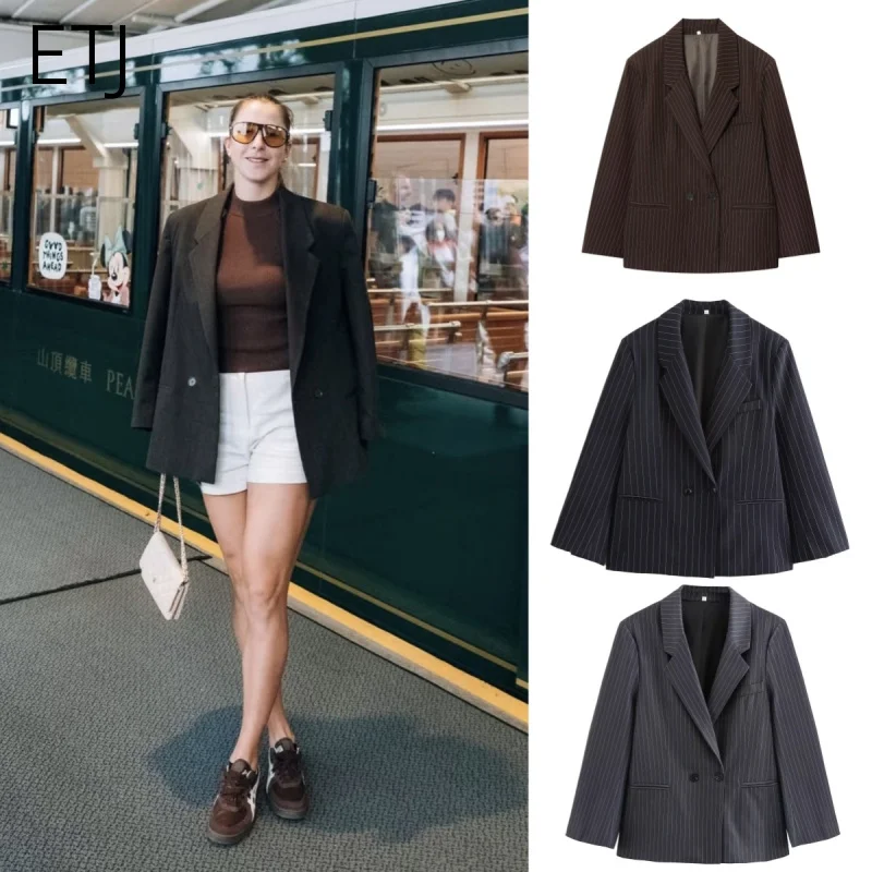 ETJ 2025 가을/겨울 신상 여성 스트릿 패션 오버사이즈 핀스트라이프 어깨 패드 루즈핏 수트 자켓
