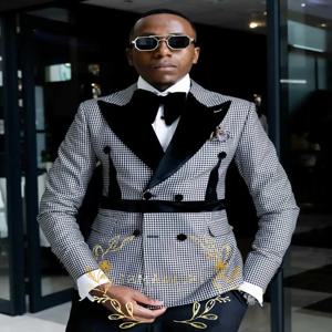 최신 디자인 남자 정장 Houndstooth 자켓 블랙 바지 2 조각 더블 브레스트 슬림 피트 공식 웨딩 턱시도 이브닝 드레스