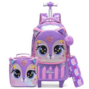 어린이 여행용 트롤리 백팩, 여아용 바퀴 달린 책가방, 3 in 1 여행용 캐리어 가방 (점심 가방 포함)