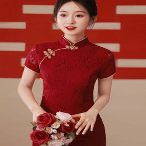 레드 레이스 치파오 웨딩드레스 약혼 파티 선물 드레스 반팔 레트로 스타일 여름 데일리룩 폴리에스터 원단